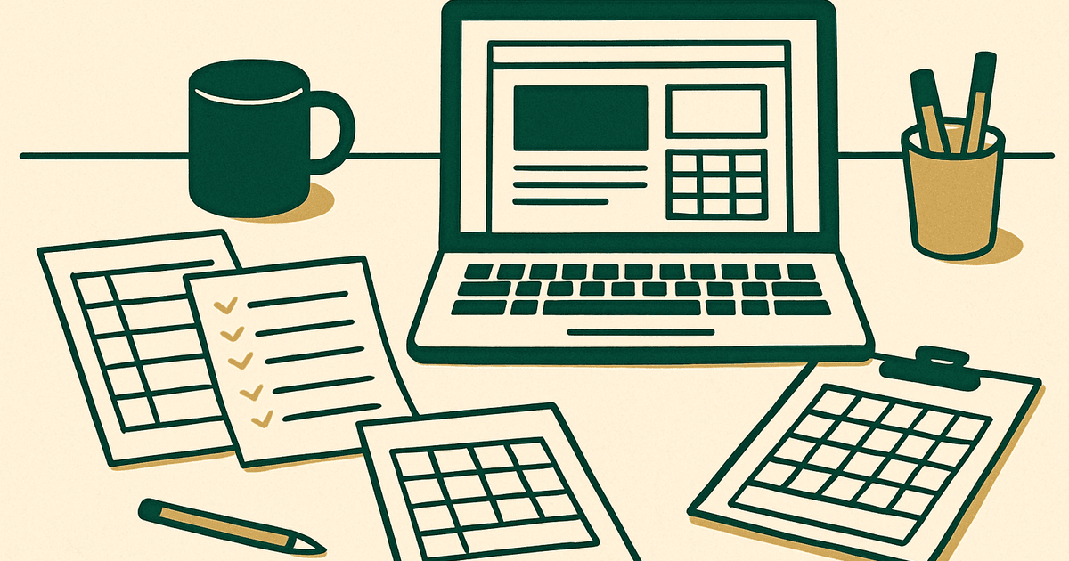 Workspace with printable planners, checklist pages, laptop, and design mockups for a printable product business