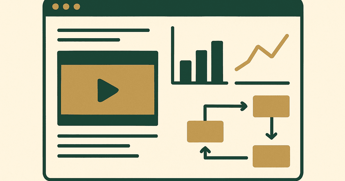 Website monetization dashboard concept showing a content site with a video ad unit placement, analytics charts, and revenue optimization workflow