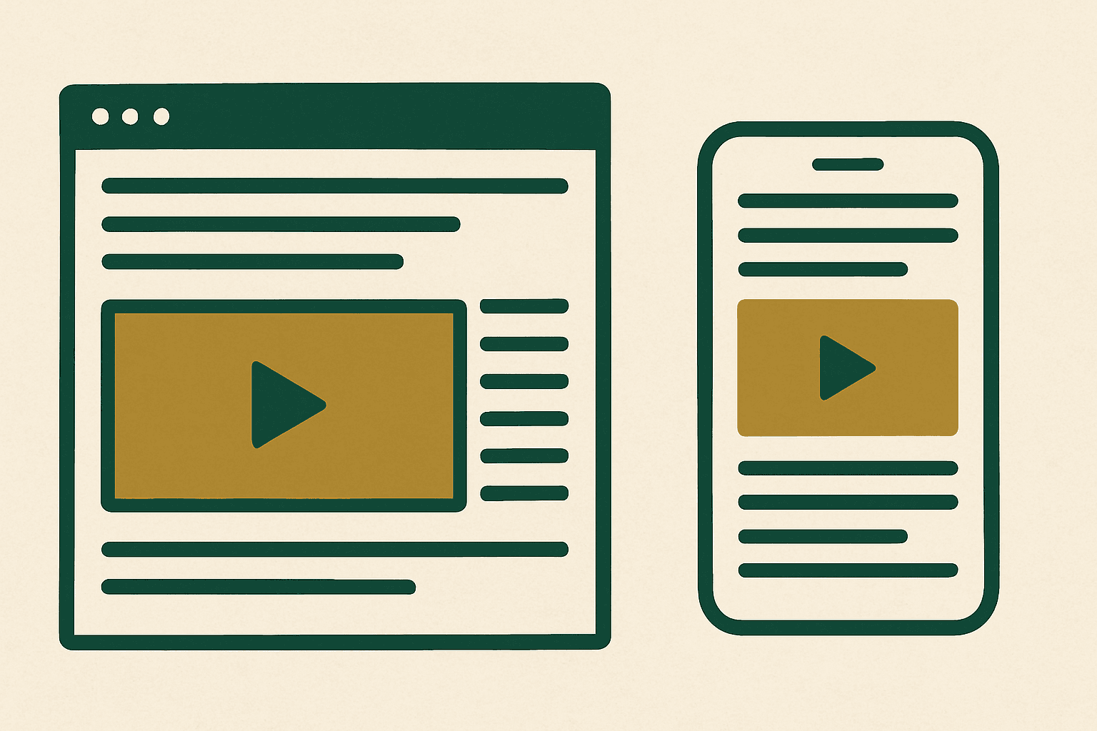 Illustration comparing instream vs outstream video ads on a publisher webpage across desktop and mobile layouts