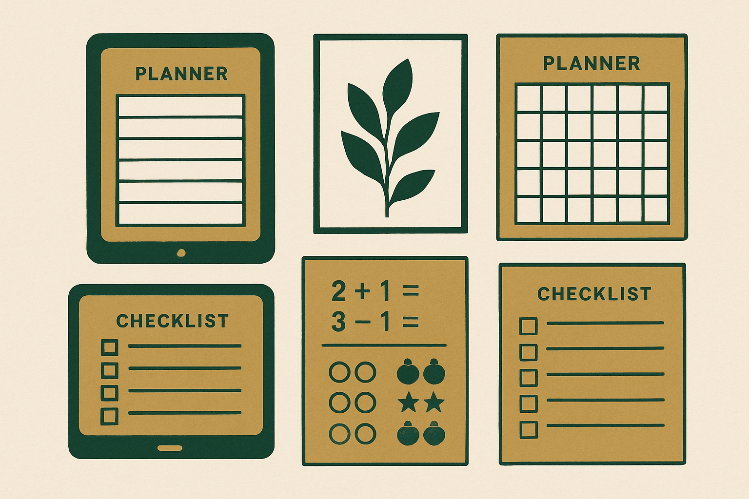 Grid of printable product listing mockups including planner pages, worksheets, and wall art previews