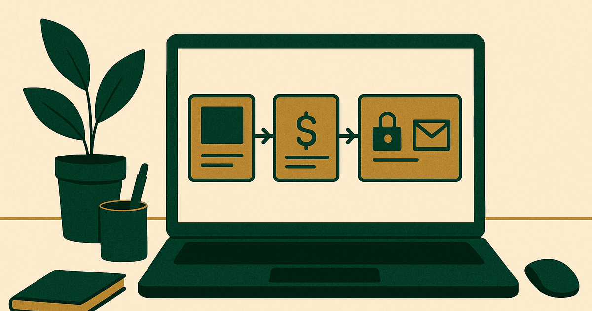 Website owner dashboard and laptop showing a generic digital product sales flow from product page to checkout, file delivery, and email confirmation