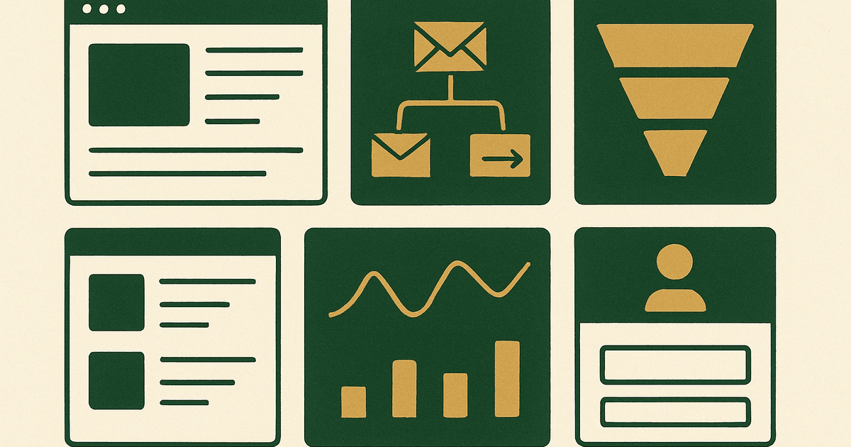Dashboard-style view of a course and membership business with product pages, email automations, analytics charts, and checkout flow