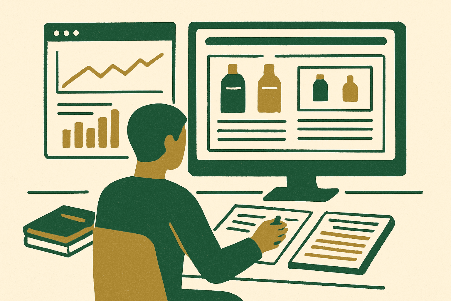 Editor updating an affiliate comparison article with notes, analytics, and product research