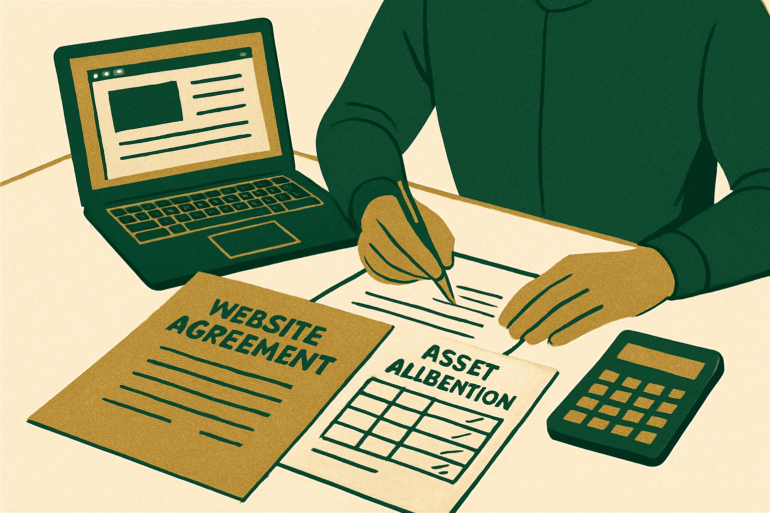 Founder reviewing website sale agreement with tax notes and asset allocation worksheet