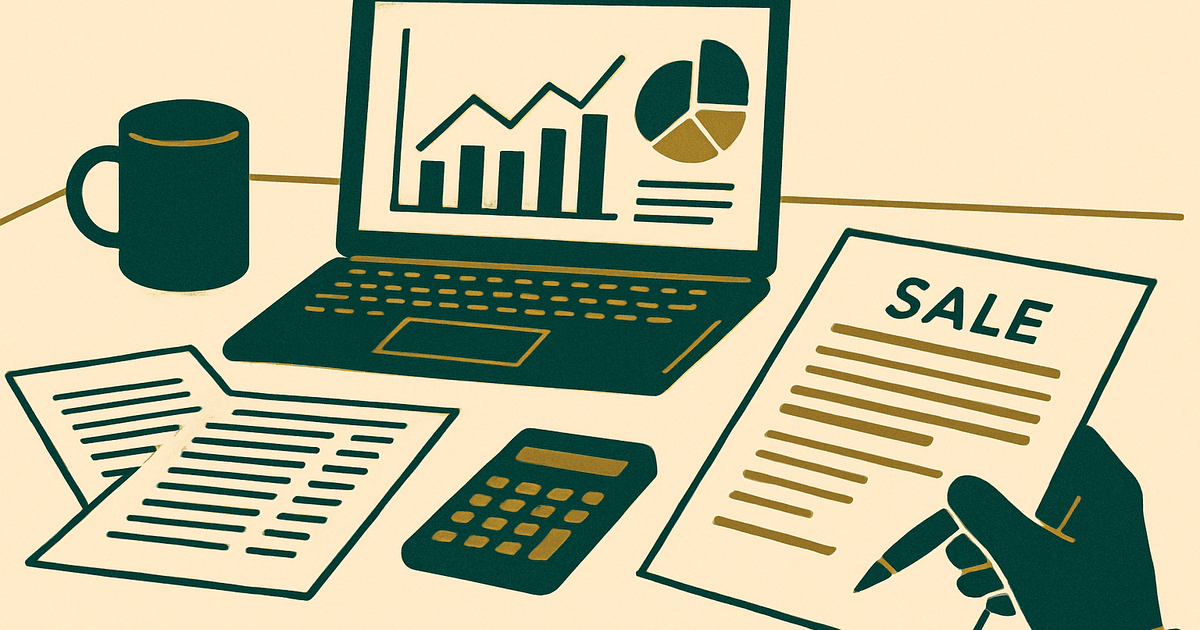 Website sale tax planning concept with documents, spreadsheet, and laptop on desk