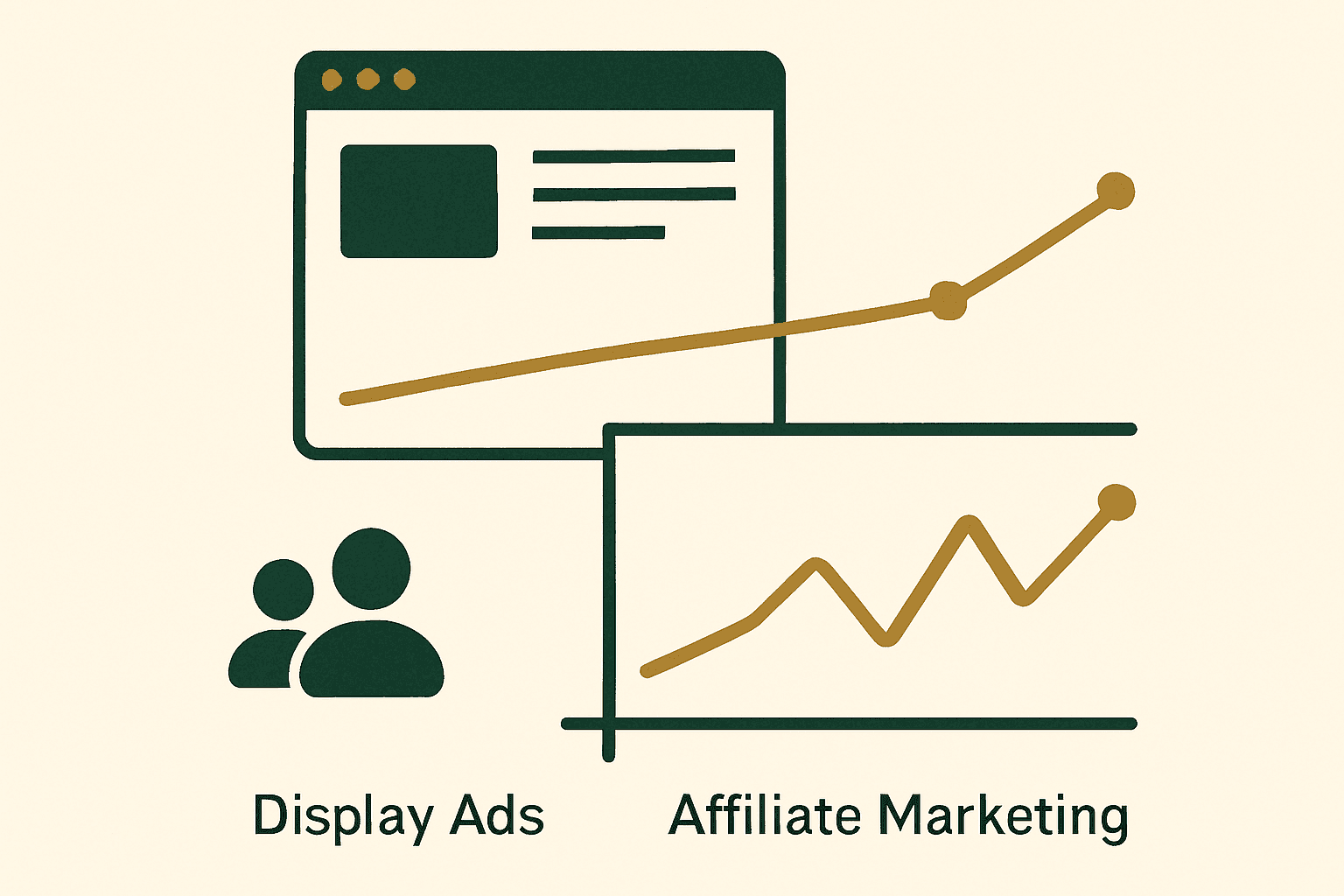 Comparison chart concept showing stable display ad revenue versus higher-variance affiliate revenue for website traffic