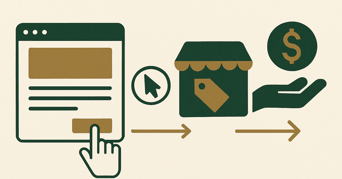 Diagram showing how affiliate marketing works between publisher, reader, affiliate network or merchant, and commission payout