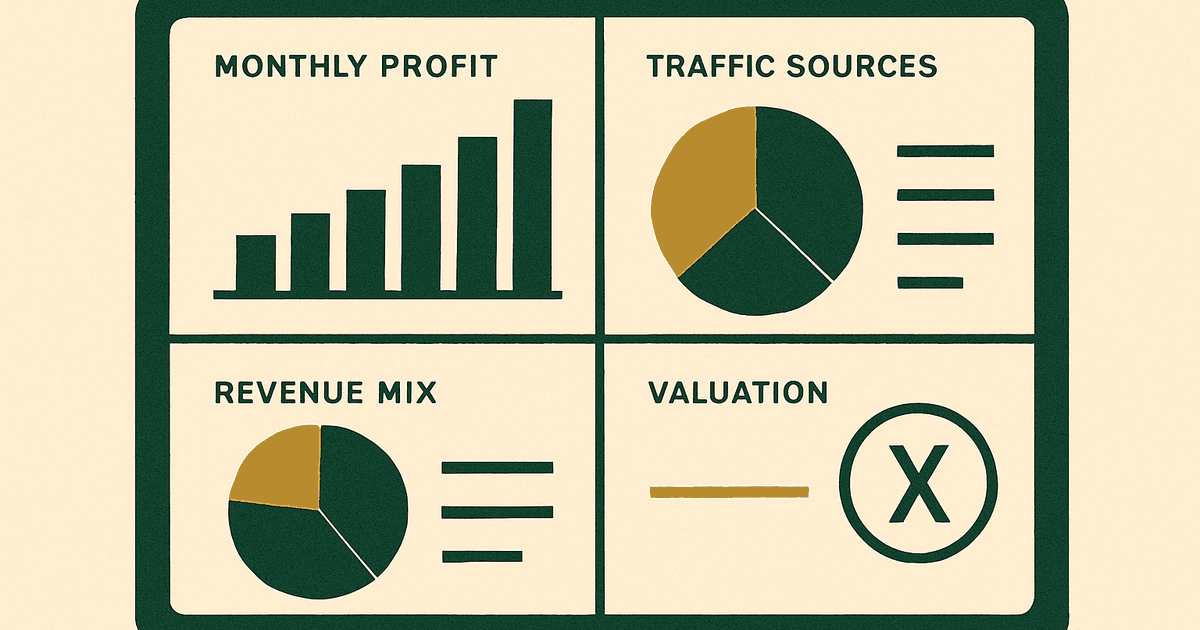 Dashboard-style illustration showing website profit, traffic, and valuation multiple inputs used to estimate site value