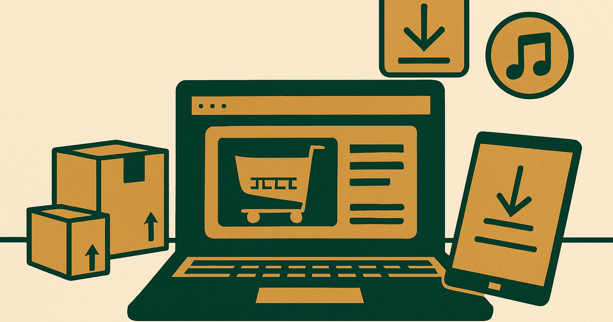 Clean ecommerce workspace with a generic online store dashboard, packaged products, and digital download icons representing a store selling physical and digital products