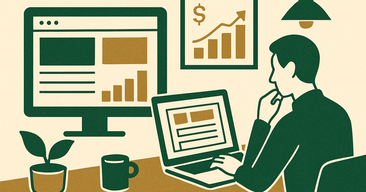 Editorial-style illustration of a website owner reviewing ad revenue charts and premium ad network options on a laptop in a clean workspace