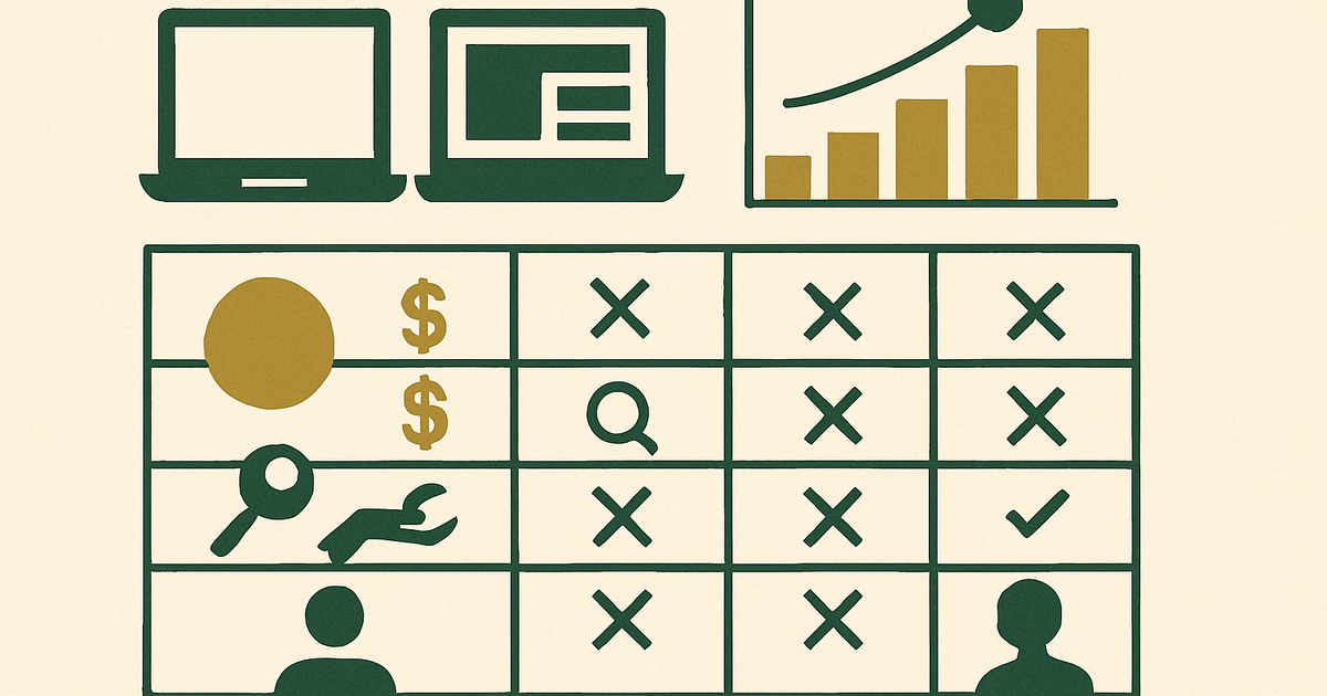 Comparison view of website brokers and marketplaces with columns for fees, deal size, vetting, and support