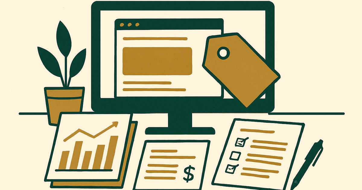 Editorial-style illustration of a small content website being prepared for sale with analytics charts, earnings documents, and a transfer checklist on a desk.