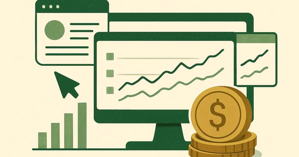 Editorial-style illustration of a website publisher dashboard with traffic, clicks, conversions, and earnings trend lines showing broad income ranges