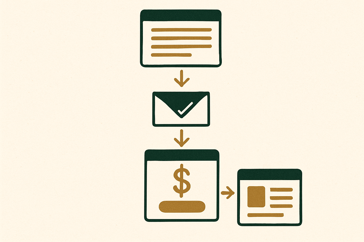 Simple digital product sales funnel showing blog post, email opt-in, sales page, checkout, and upsell