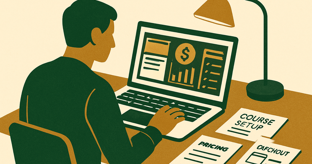 Course creator evaluating an online course platform on a laptop with handwritten notes about pricing, checkout, and course setup on a clean desk
