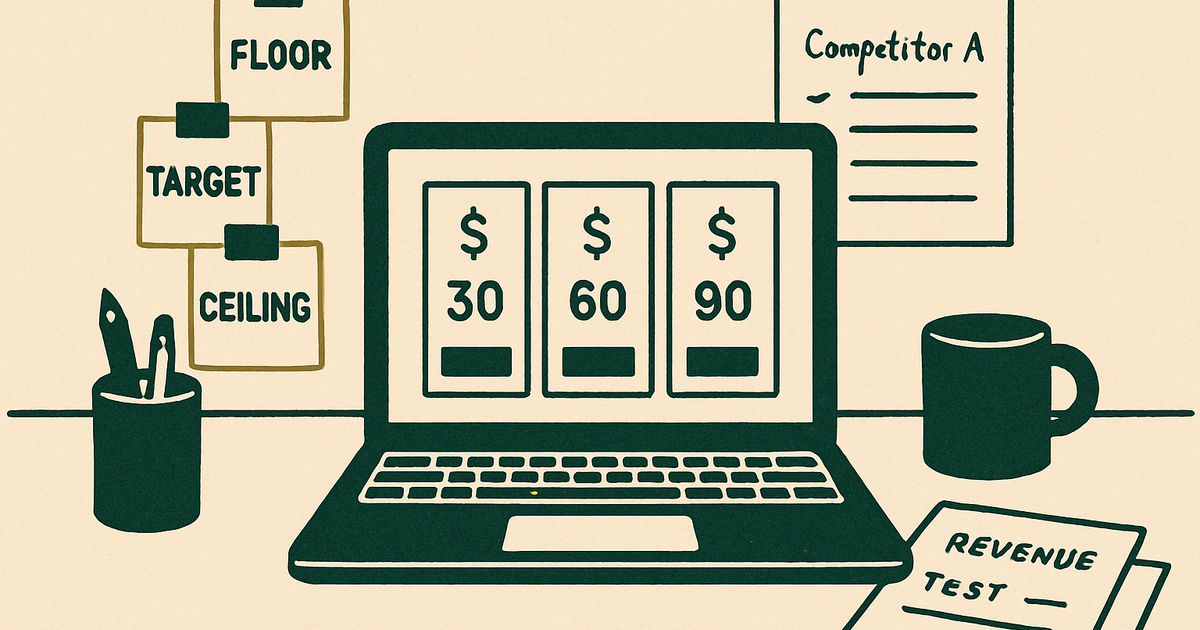 Workspace with a laptop showing a product pricing calculator, notes for floor, target, and ceiling pricing, competitor comparison notes, and revenue testing plans.