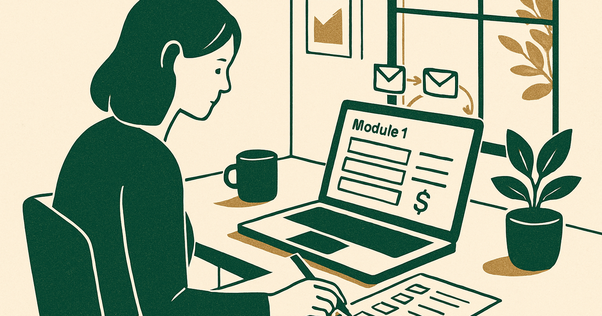 Website owner planning an online course with modules, pricing notes, and laptop dashboard