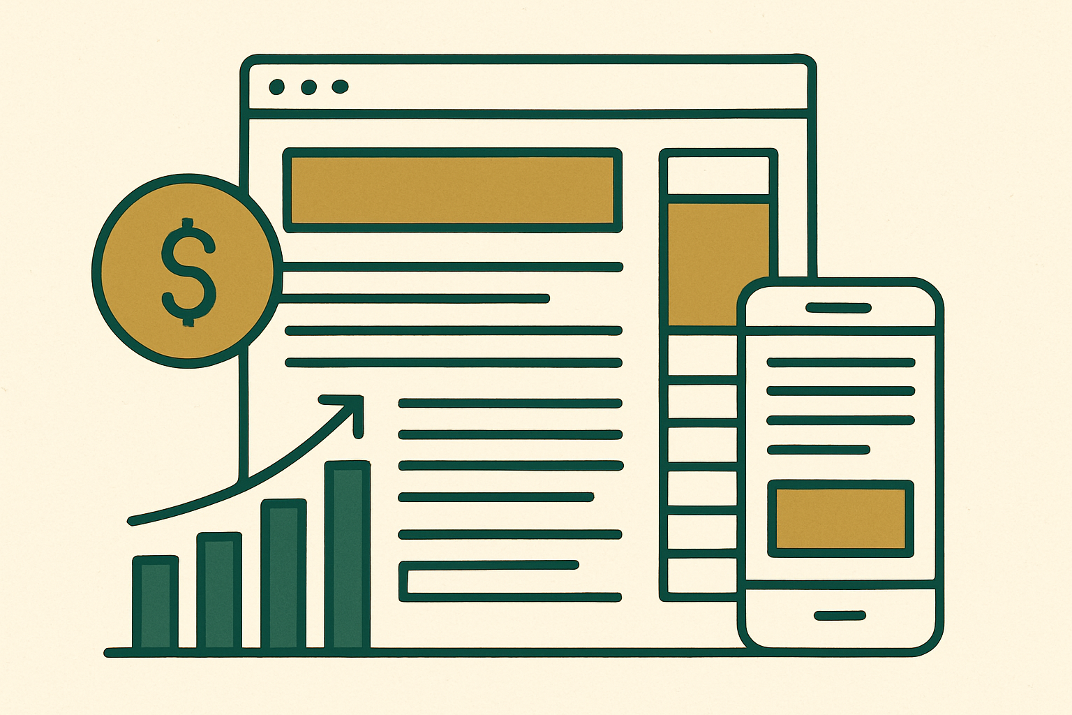 Wireframe of a content article page showing balanced display ad placements in header, sidebar, and in-content sections