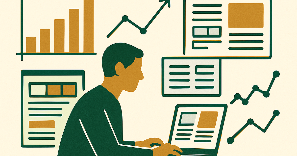 Dashboard-style illustration of a mid-size content website comparing ad monetization options and revenue growth