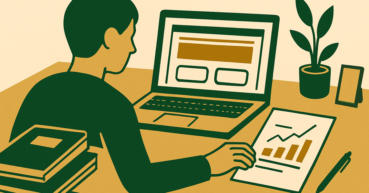 Website owner reviewing affiliate network options on a laptop with notes and analytics printouts on a desk, comparing monetization choices.