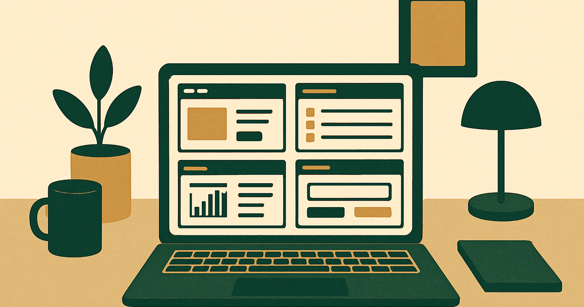 Minimalist home office with a laptop showing a generic creator storefront builder, course modules, email dashboard, and checkout flow