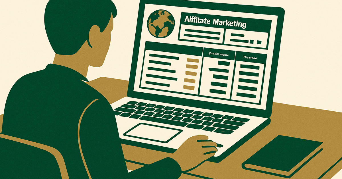 Publisher reviewing a global affiliate dashboard with merchant listings, commission rates, and payout options on a laptop