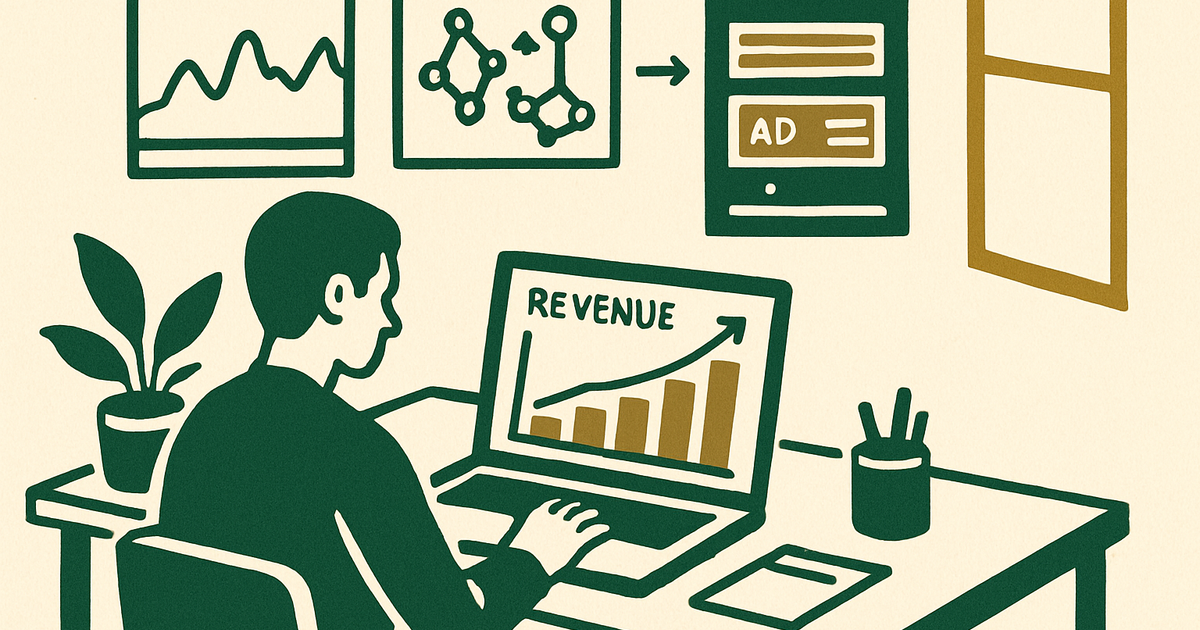 Website publisher comparing Ezoic and AdSense monetization dashboards on a laptop with analytics charts and ad revenue trends