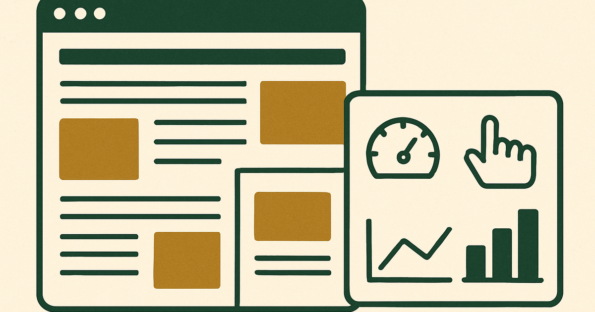 Website performance dashboard concept showing Core Web Vitals metrics next to ad slots on a page layout
