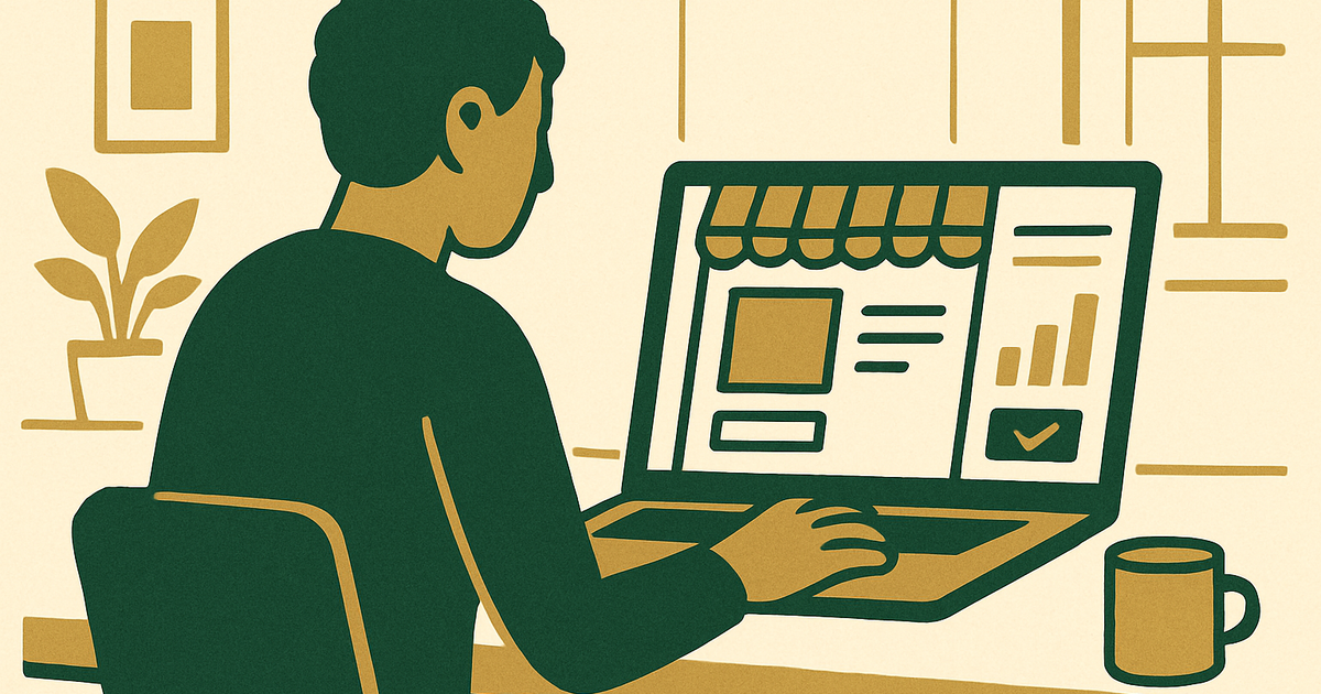 Website owner selling digital products from a clean product page with checkout flow on laptop