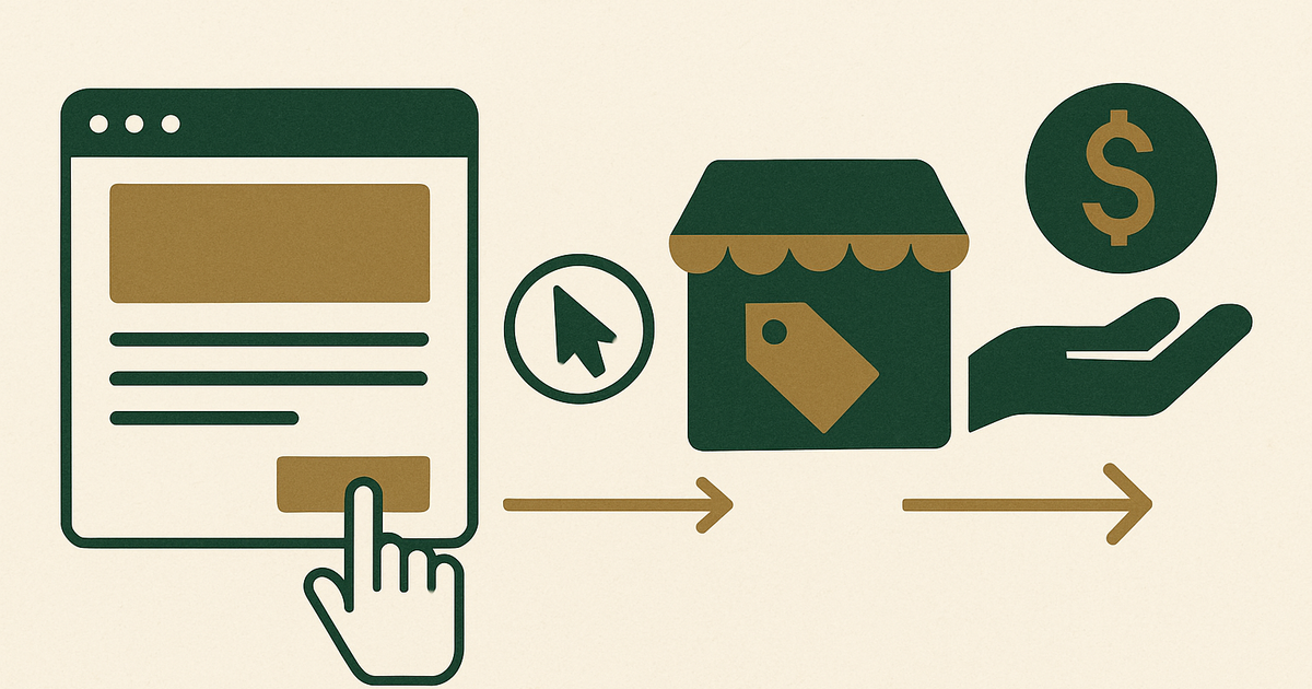 Diagram showing how affiliate marketing works between publisher, reader, affiliate network or merchant, and commission payout