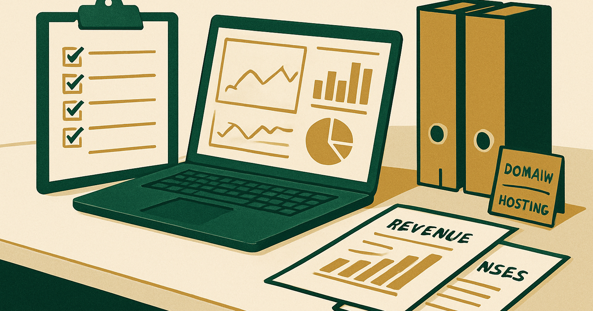 Website sale preparation checklist with analytics, revenue reports, and transfer documents laid out on a desk