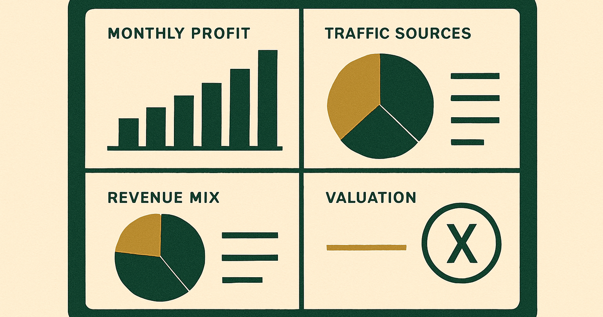 Dashboard-style illustration showing website profit, traffic, and valuation multiple inputs used to estimate site value