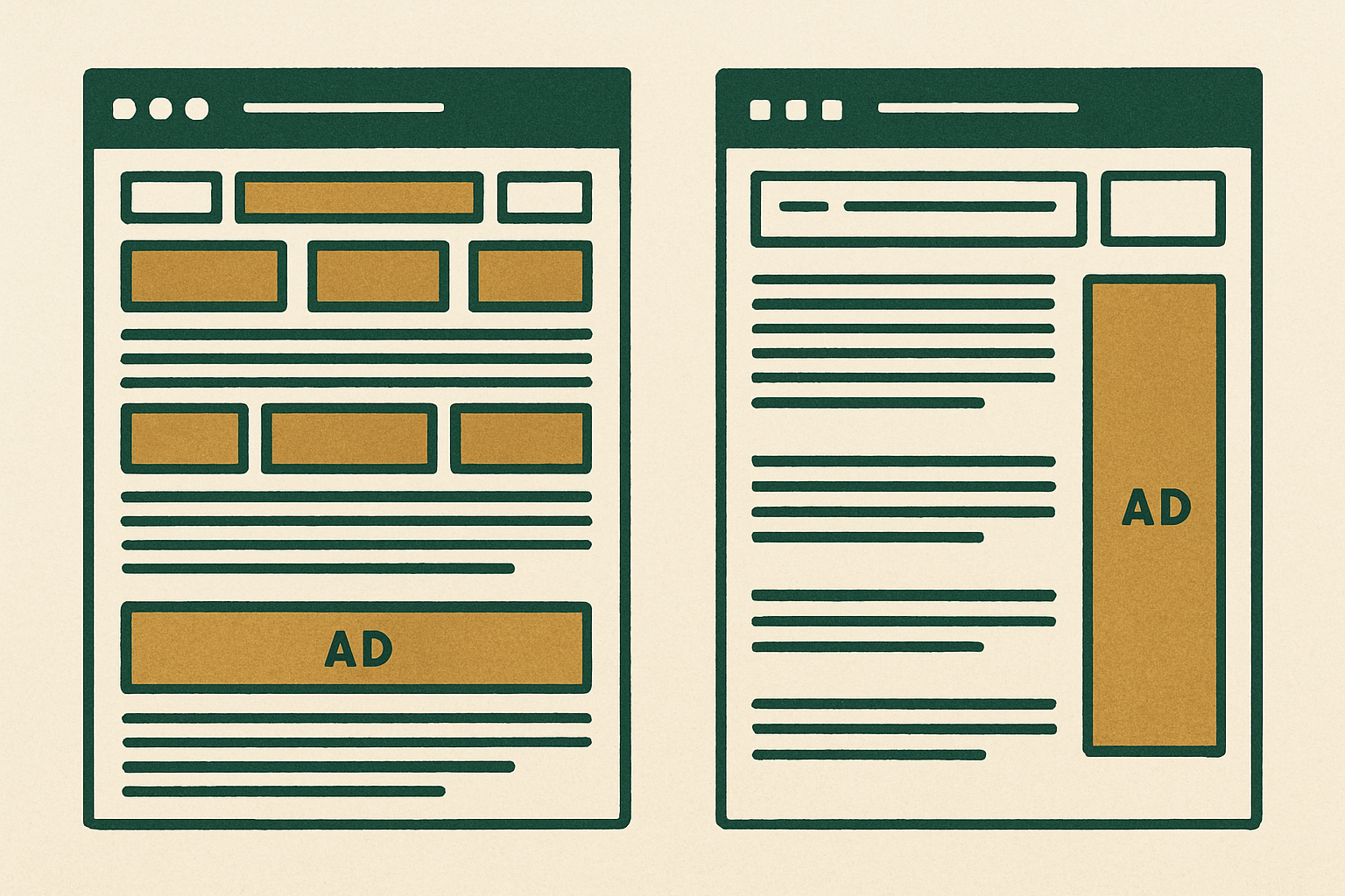 Side-by-side wireframe comparison of a cluttered ad-heavy article layout versus a cleaner high-viewability layout