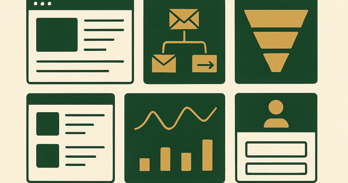 Dashboard-style view of a course and membership business with product pages, email automations, analytics charts, and checkout flow