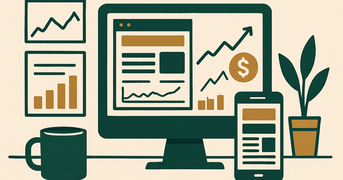 Clean publisher analytics dashboard with ad revenue trend lines, traffic charts, and a content website shown on desktop and mobile devices