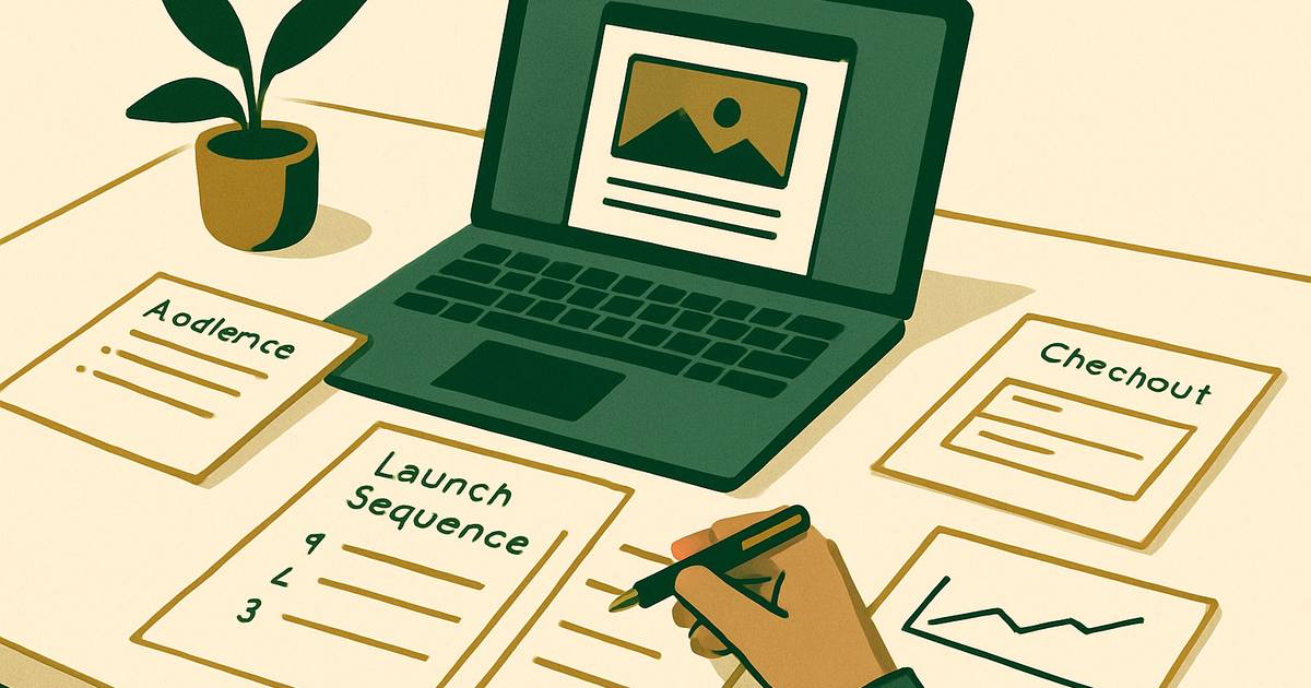 Website owner planning a digital product launch with funnel, pricing, email, and checkout steps mapped on a desk
