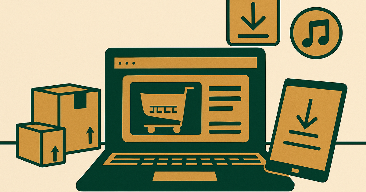 Clean ecommerce workspace with a generic online store dashboard, packaged products, and digital download icons representing a store selling physical and digital products