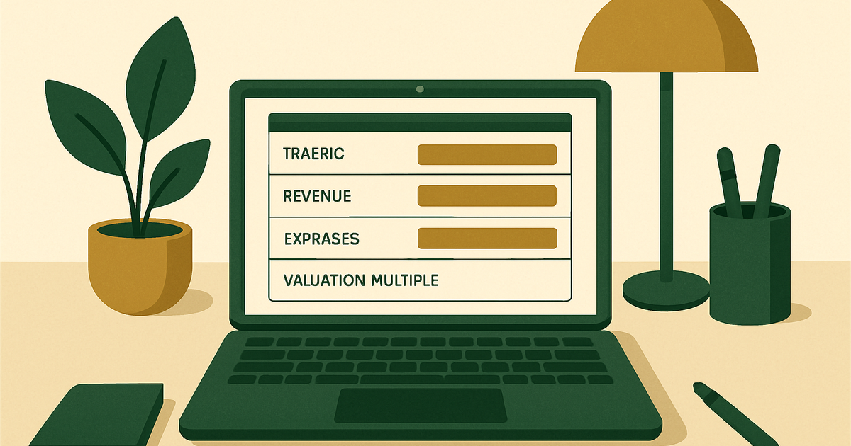 Website valuation worksheet showing traffic, revenue, profit, and multiple inputs on a laptop desk