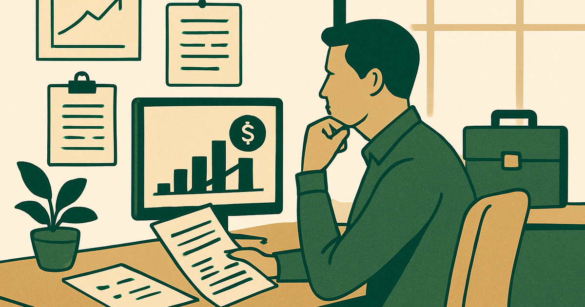 Illustration of a premium online business sale process with financial charts, diligence documents, negotiation stages, and a founder evaluating broker options in a modern office