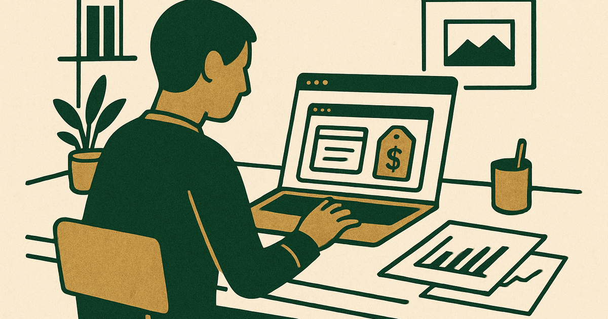 Website owner reviewing marketplace listing details, traffic charts, revenue records, and sale terms before selling a content site