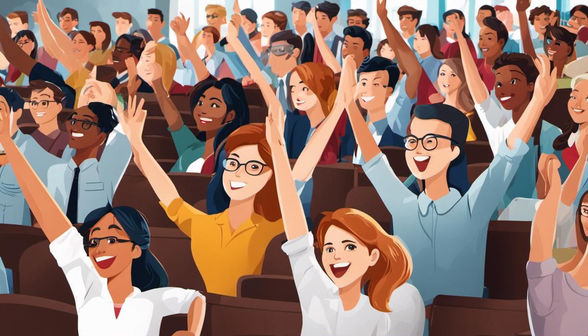 Icon of students raising hands in an online course