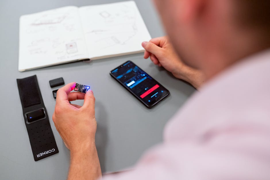 An app developer coding on a computer and testing on multiple mobile devices