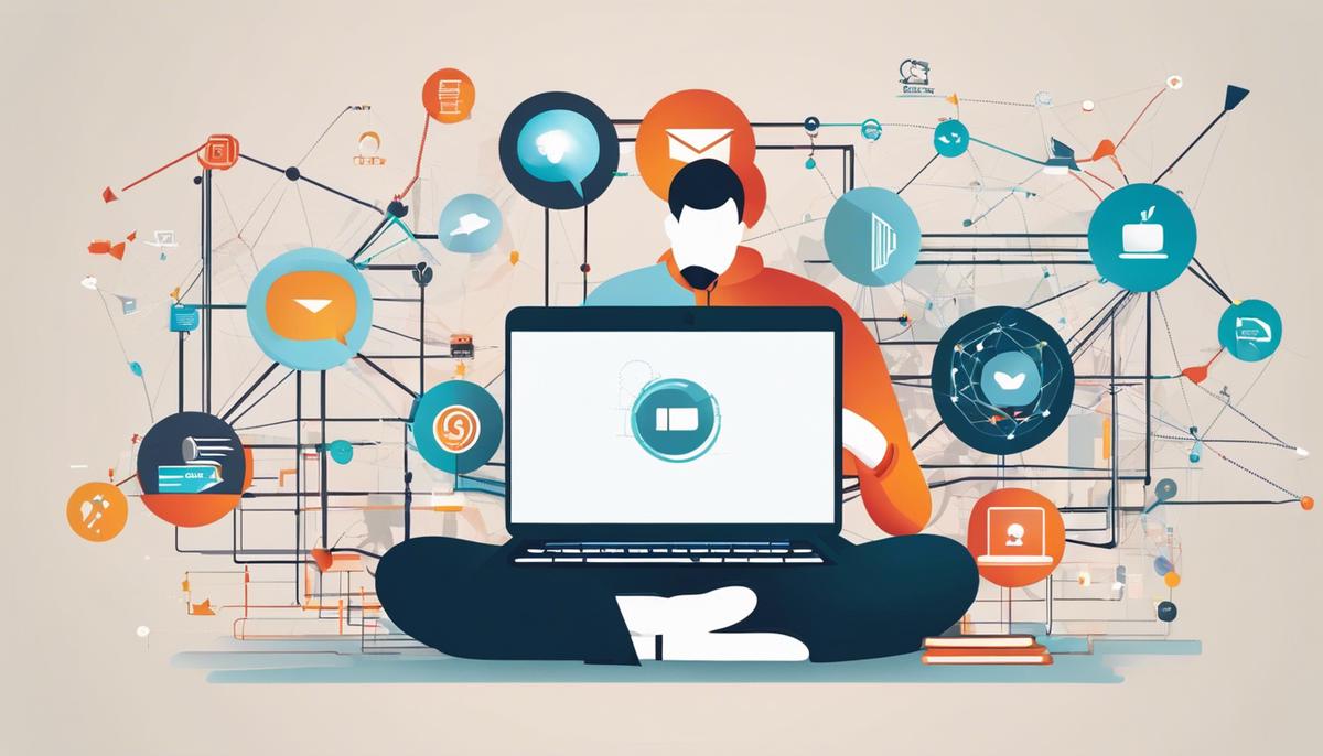 Illustration of a person using a laptop and surrounded by interconnected networks representing the power of content marketing strategy.