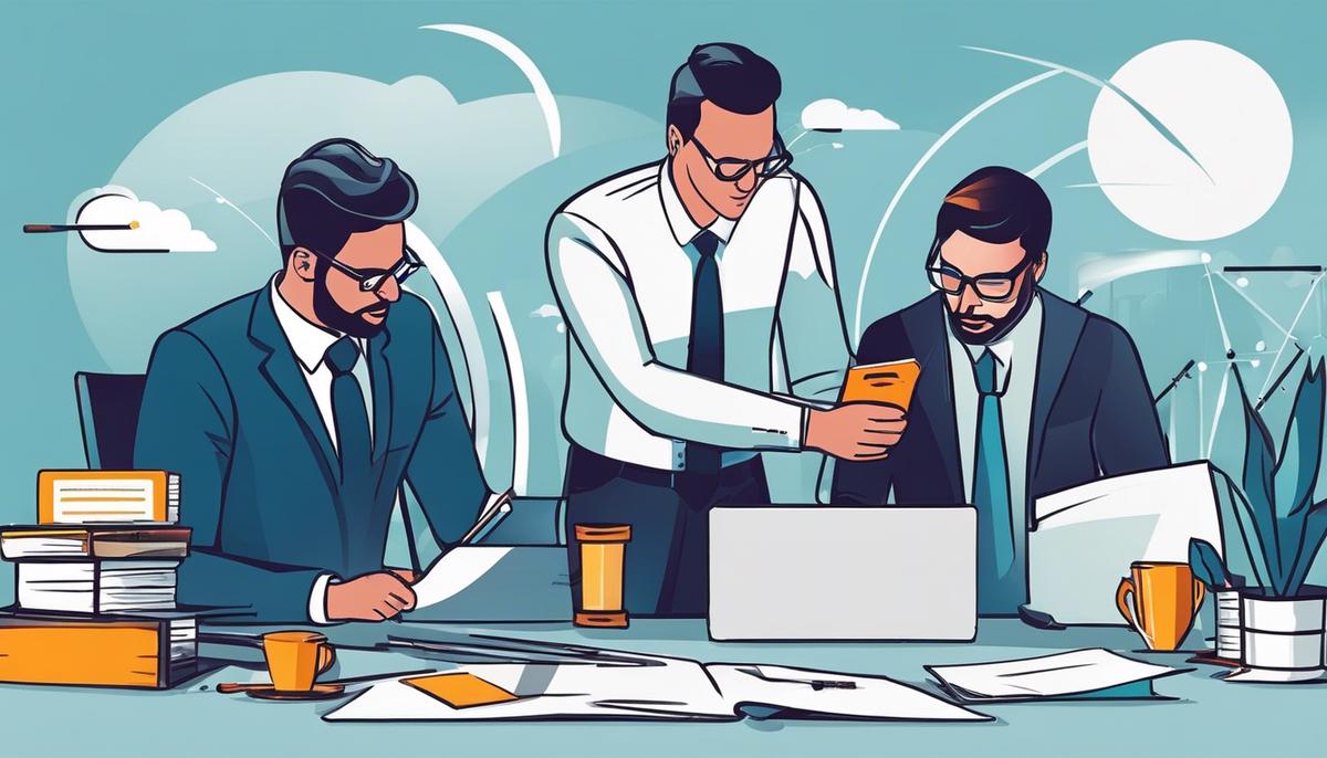 Illustration of businessmen working on a content marketing framework, representing the importance of creating quality, consistent, and differentiated content for business success.