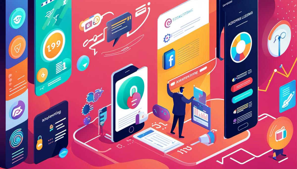 Illustration of digital advertising trends and strategies, showcasing a video advertisement, programmatic advertising, AI and machine learning, and influencer marketing in a cohesive manner