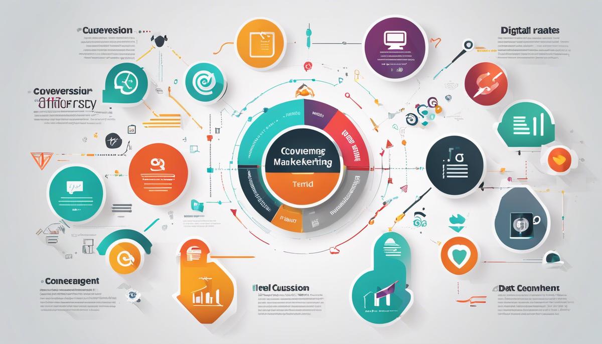 A graphic that depicts digital marketing trends with arrows and icons representing data, AI, customer engagement, and conversion rates.