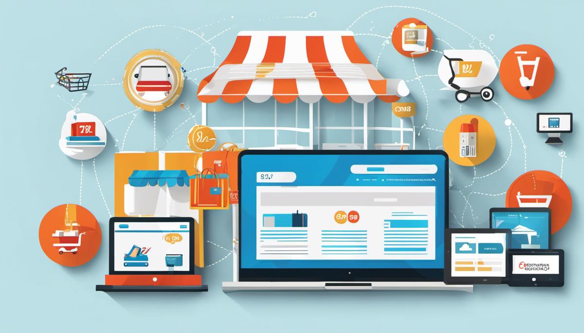Image describing the ecommerce landscape with various interconnected devices and online shopping symbols.