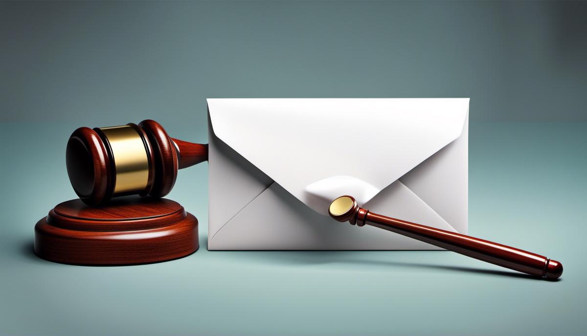 An image illustrating the legal aspects of email marketing, showcasing a balance between a gavel and an envelope.