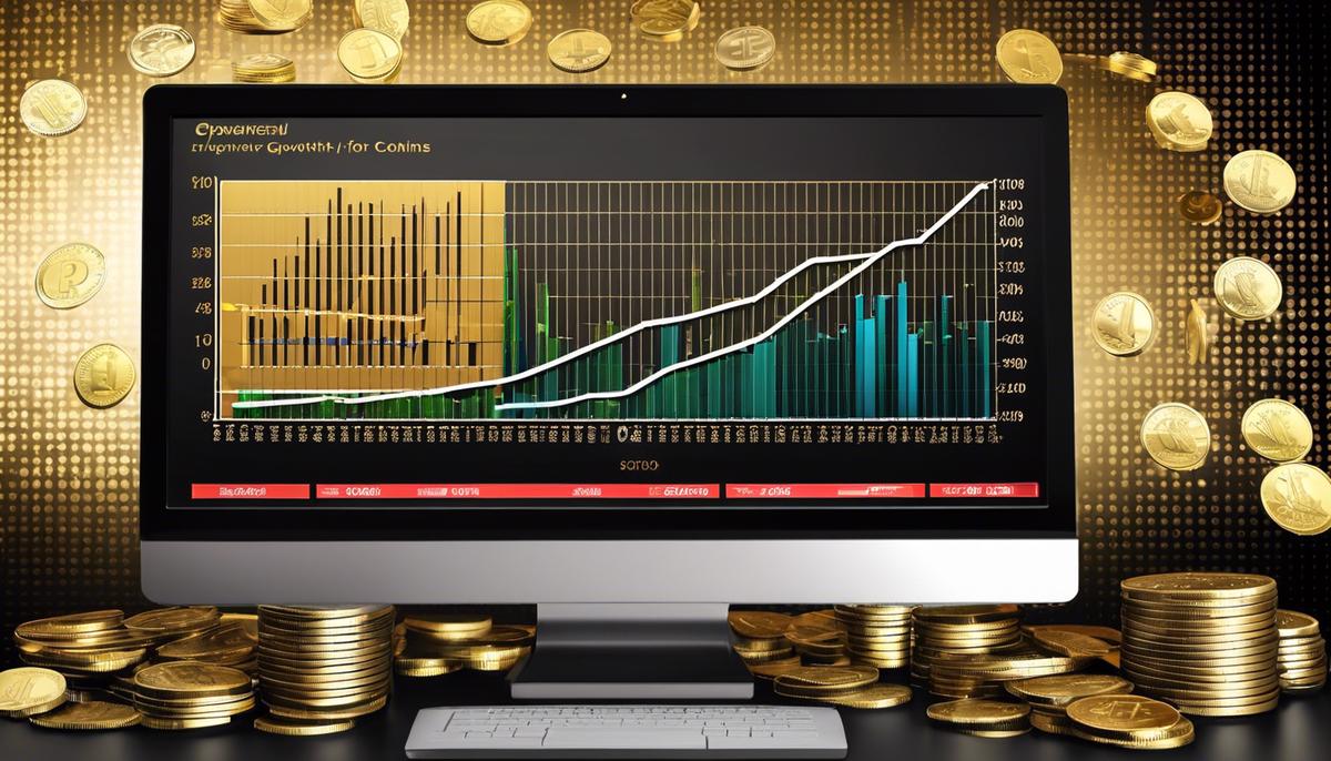 A computer screen displaying a graph representing revenue growth, surrounded by coins and dollar signs.